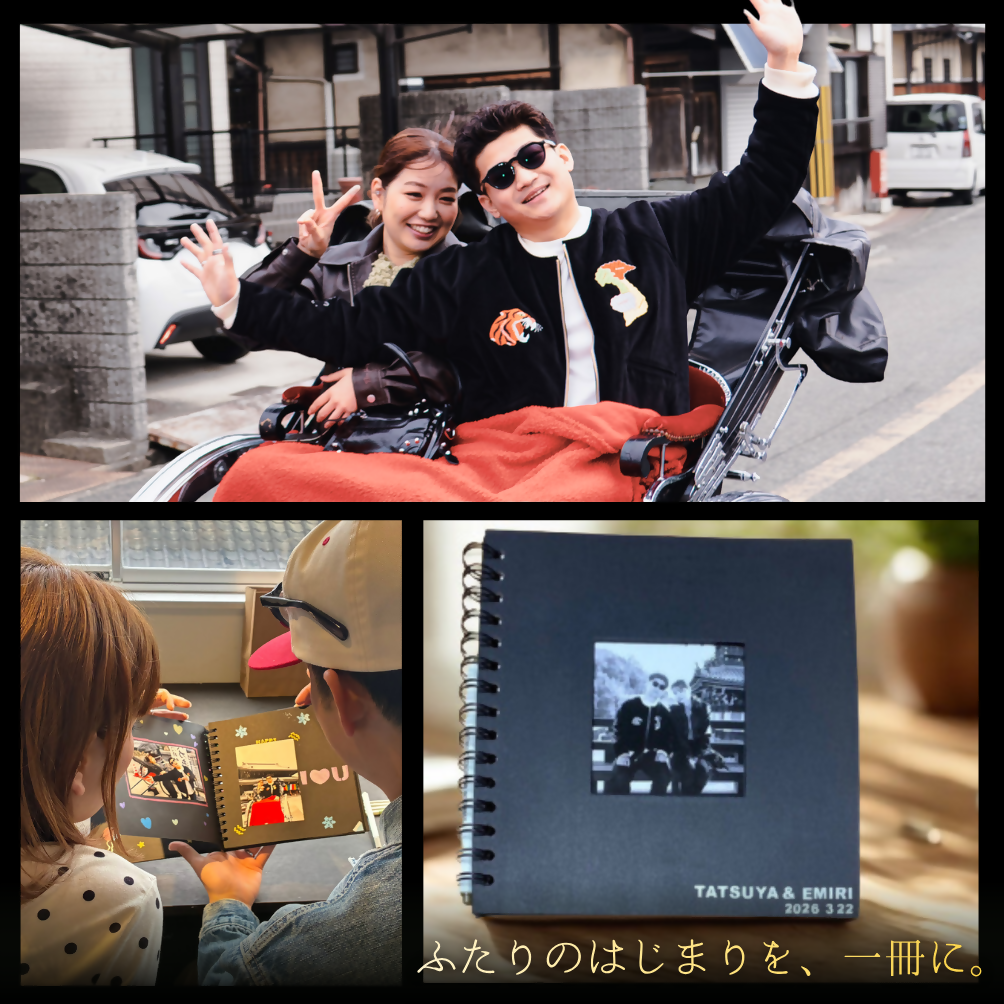 人力車に乗って写真を撮っている様子