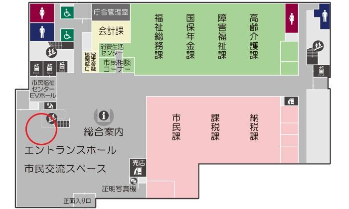 市役所1階エントランスホールの階段横に設置される売所の場所の地図