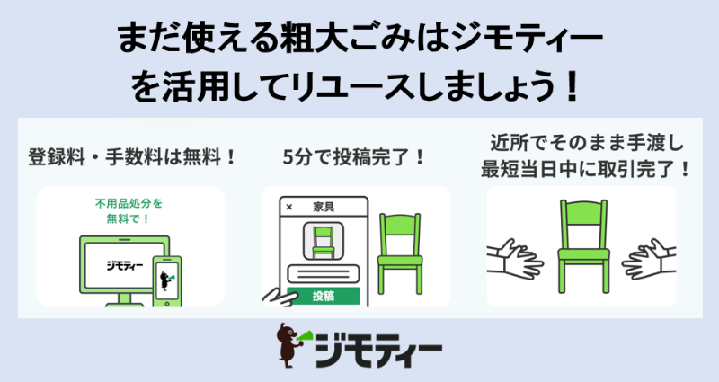 ジモティー紹介画像 まだ使える粗大ごみはジモティーを活用してリユースしましょう。ジモティーのサイトに登録し、サイトに不要品を投稿すると、無料で不要品が処分できます。ジモティーへの登録料・手数料は無料で、ジモティーへの投稿は5分で完了します。近所でそのまま手渡し、最短当日中に取引完了することもできます。