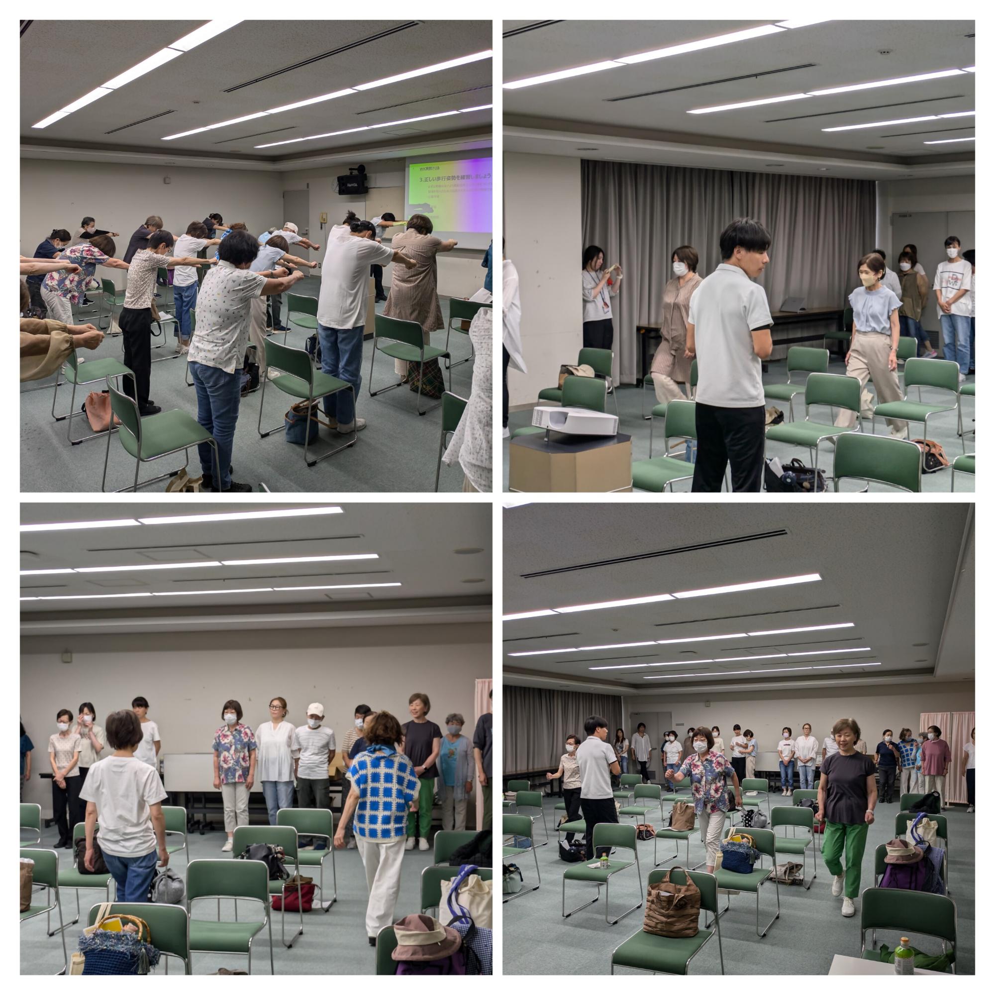 アシックスの講師を迎え、健康づくり推進委員会の委員を対象とした正しい歩行についてのセミナーを開催。座学のあと、講師の指導のもとで実践に取り組んでいる第2部の様子です。