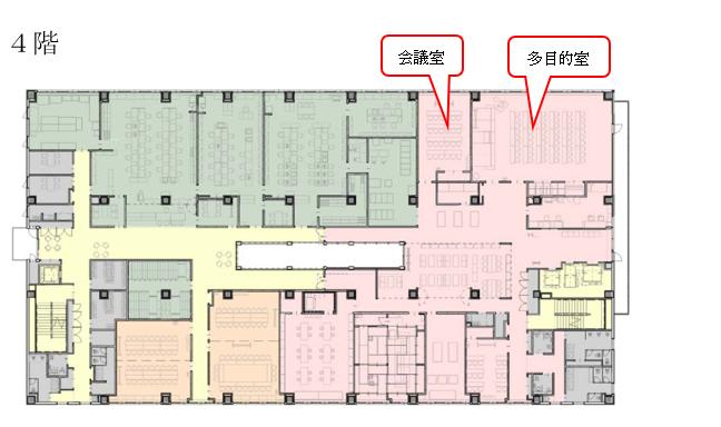 市役所本館4階 福祉センターフロアの案内図です。会議室と多目的室の位置をフロアマップで示しています。