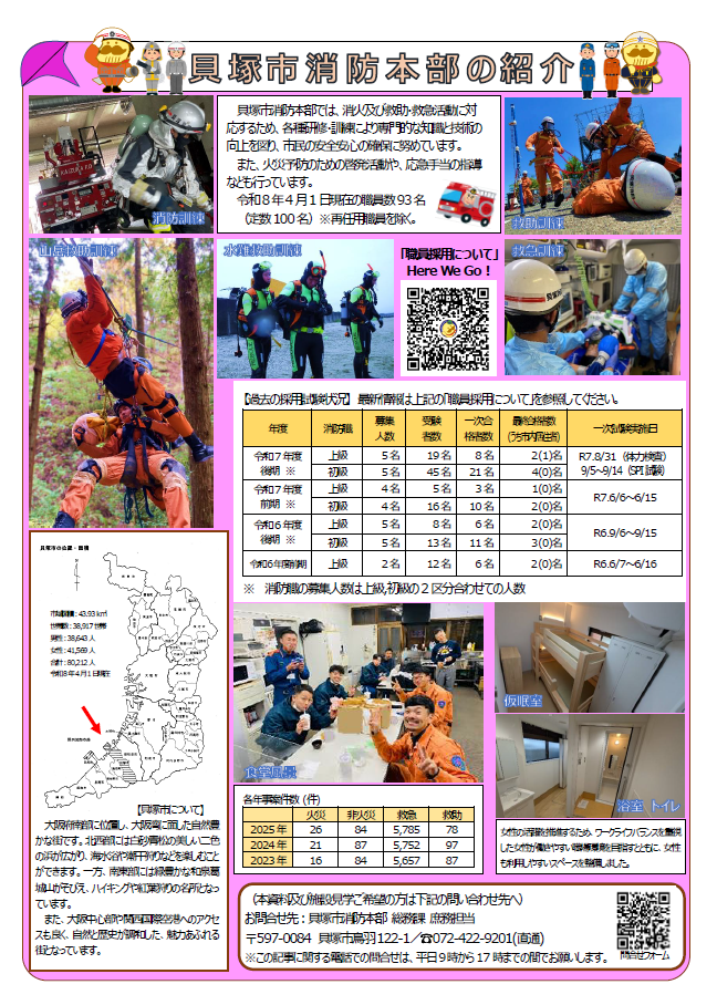 貝塚市消防本部のご案内です、詳細は貝塚市消防本部総務課072-422-9201にお問い合わせください