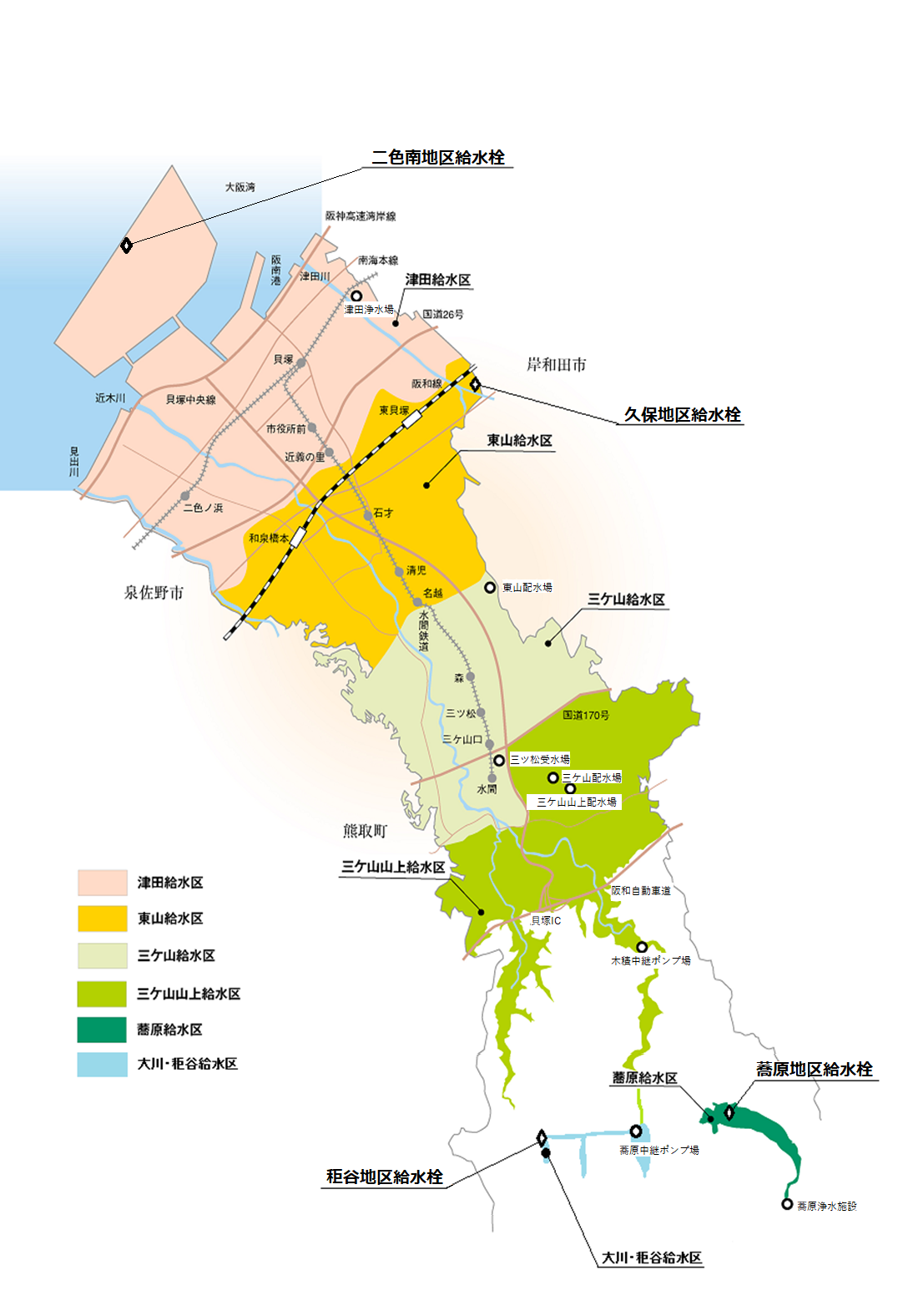 貝塚市の水道水質検査における採水地点を示した地図の画像。画像の詳細については電話等でご説明いたします。