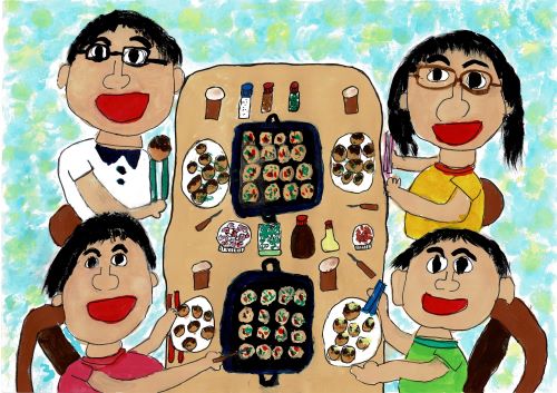 令和5年度かいづか家族の日の絵画部門優秀賞作品です 家族4人で笑顔で食卓を囲みたこ焼きを焼いて食べている様子を描いた絵です