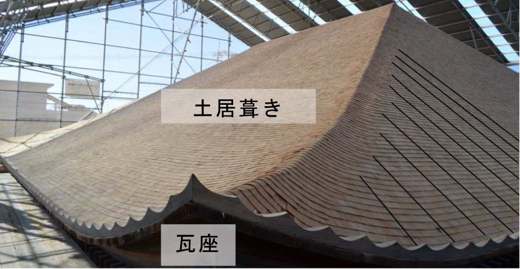 軒先に瓦座が取り付けられ、側面(東面、画面右側)の屋根には垂木の位置に墨で線が引かれている写真