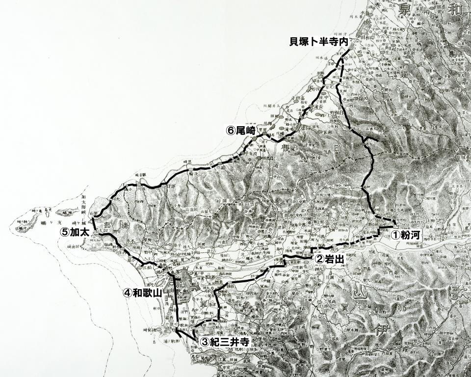 願泉寺卜半了真一行の紀北旅行の行程の図面