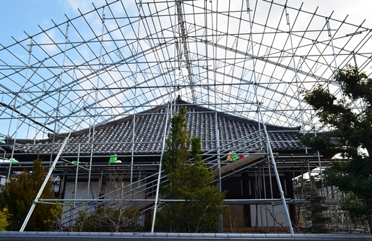 足場を設置中の孝恩寺観音堂(側面)の写真