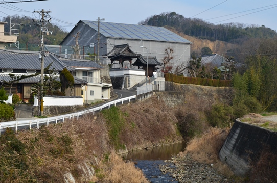完成した素屋根で覆われた孝恩寺観音堂(近木川に架かる大橋から撮影)の写真
