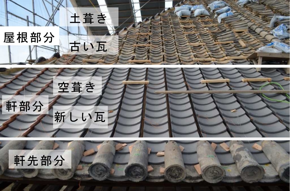 軒平瓦、平瓦、軒丸瓦が葺かれた南面の屋根の写真