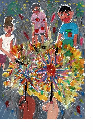 令和5年度かいづか家族の日の絵画部門優秀賞作品です 家族5人で手持ち花火をしている様子を描いた絵です
