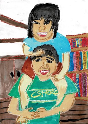 男の子がいとこである年下の女の子をかた車している様子を描いた絵