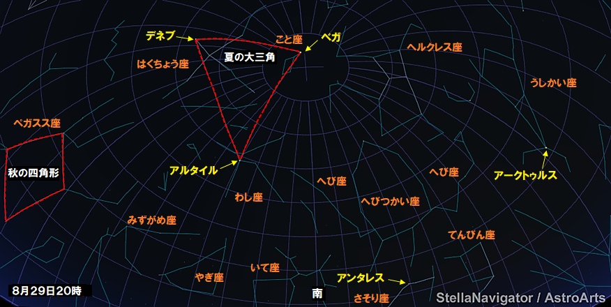 8月29日20時の南の空、天頂付近にベガやデネブ、アルタイル、そして少し低いところにアンタレスが見えています。