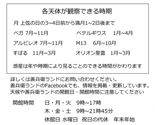各天体が観察できる時期は次の通りです。月は上弦の日の3日から4日前から、満月の1日から2日後まで。ベガは7月から11月まで。ベテルギウスは1月から4月まで。アルビレオは7月から11月まで。M13は6月から10月まで。すばるは11月から3月まで。オリオン星雲は1月から3月まで。惑星は年や時期により見ることができる時期がかわります。詳しくは善兵衛ランドにお問い合わせください。善兵衛ランドのフェイスブックでも、情報を掲載・更新しています。天候や善兵衛ランドの開館日・開館時間に注意してください。善兵衛ランドの開館時間は日曜日・月曜日・火曜日の9時から17時、木曜日・金曜日・土曜日の9時から21時45分です。休館日は水曜日と祝日の代休、年末年始です。