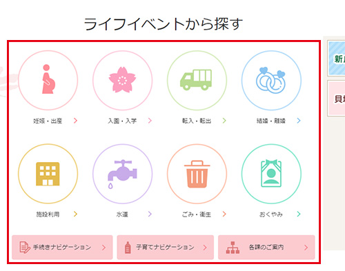 トップページの中央からも目的別(ライフイベント別)で探せます