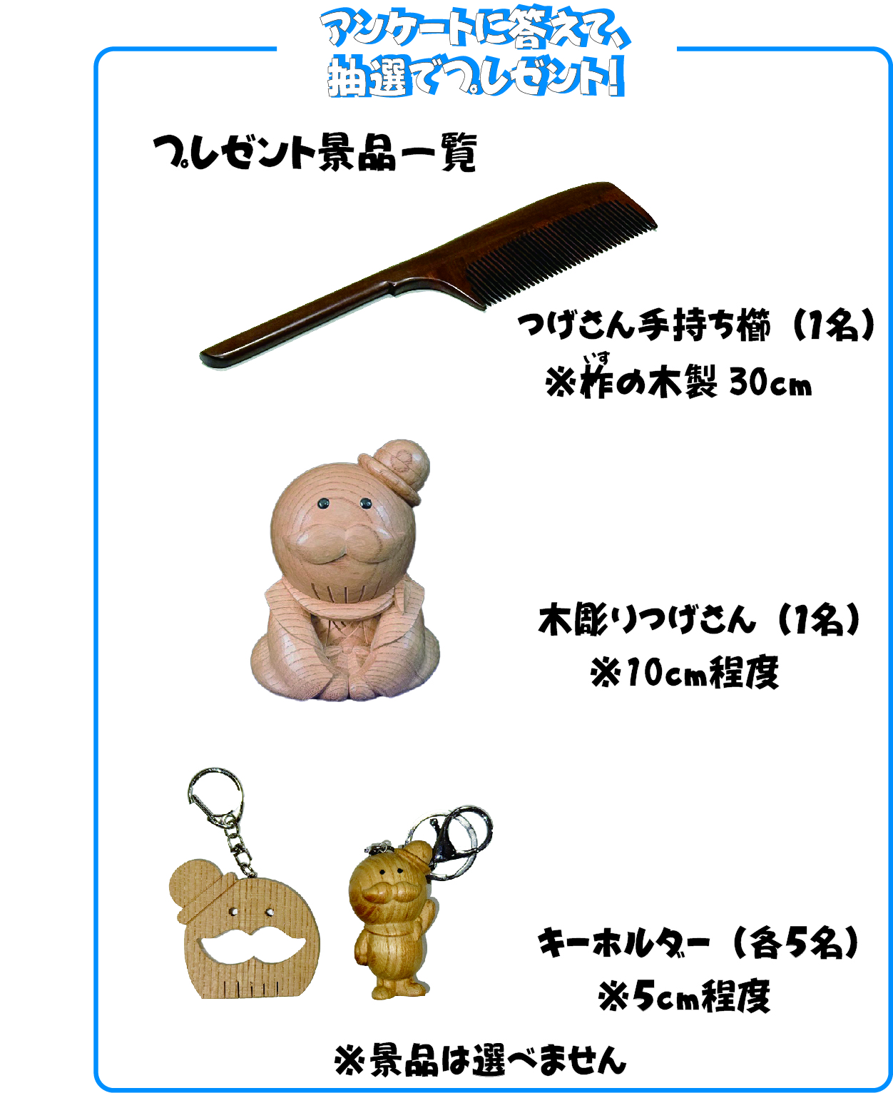 プレゼント景品(櫛・木彫りつげさん・キーホルダー)の画像です。