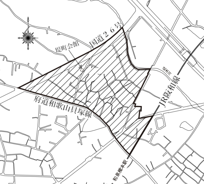 堤一丁目の地図です。住居表示をする区域(堤一丁目)に斜線を引いています。