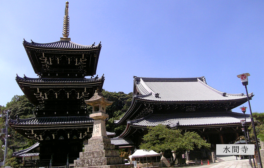 水間寺三重塔と本堂の写真