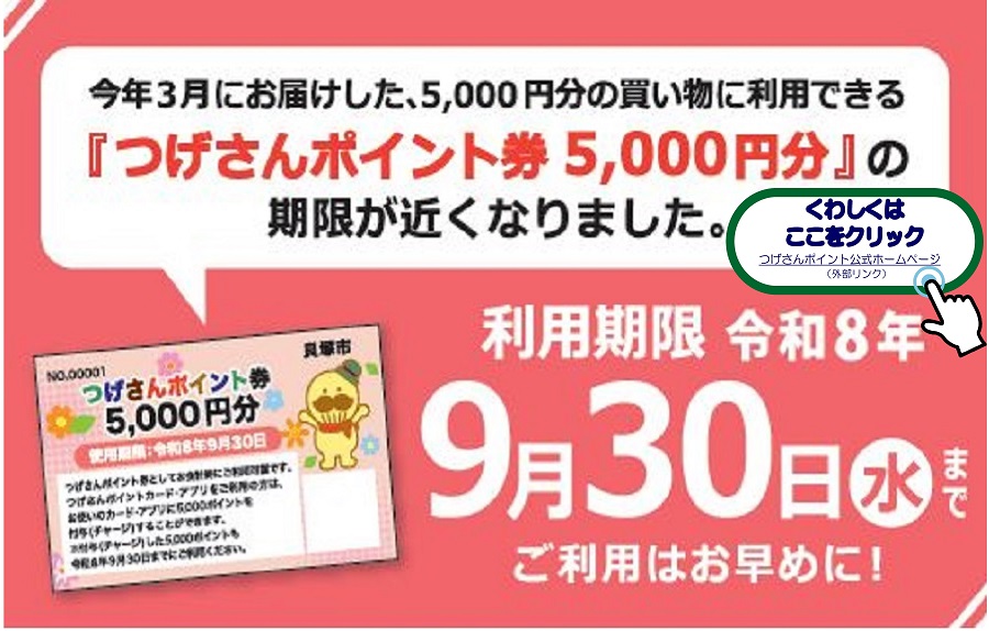 貝塚市地域ポイント「つげさんポイント券5,000円分」についての紹介ページです。 つげさんポイントとは、大阪府貝塚市内の加盟店で貯まる、使える市内限定の地域ポイントです。100円のお支払いで1ポイント貯まり、1ポイント1円でお買い物に使えます。 つげさんポイント加盟店で利用できるつげさんポイント券5,000円分を、全市民に令和8年3月上旬から順次お届けします。つげさんポイント券の使用期限は令和8年9月30日までです。 詳細はこちらをクリックしてください。（つげさんポイント券（見本）のイラストあり）