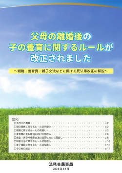 法務省パンフレットの表紙画像。父母の離婚後の子の養育に関するルールが改正されましたと書かれています。