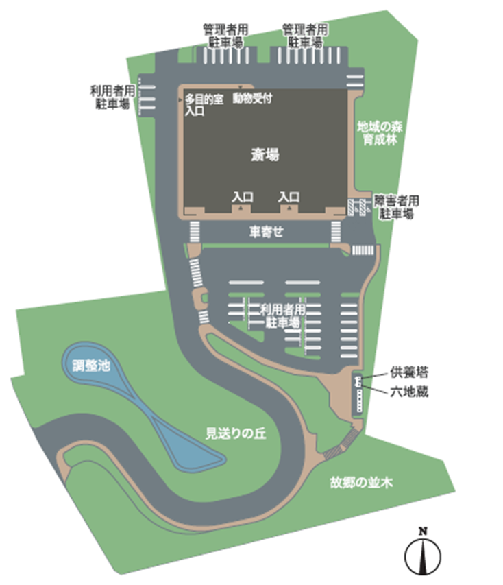 新斎場平面図です。利用者駐車場の脇に六地蔵及び動物供養塔を設置します。