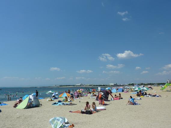 二色の浜海水浴場の過去の海水浴の様子（海辺でパラソルやテントがたくさん広げられ、多くの人で賑わっている）