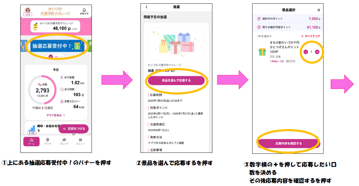 抽選応募手順 詳細はけんこうマイレージ利用者専用サポートセンターまで 電話番号：03-6836-2750