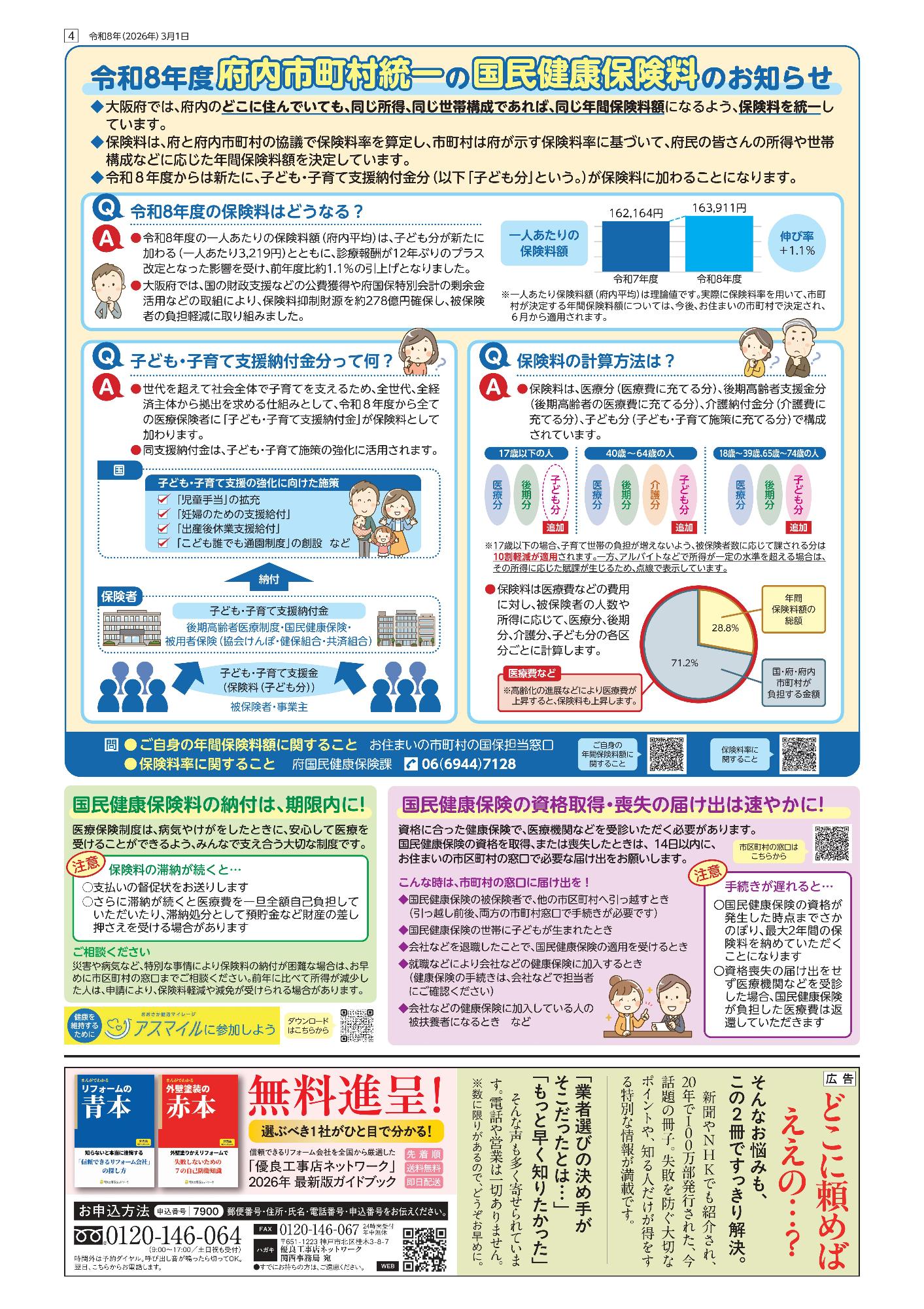 令和8年度府内市町村統一の国民健康保険料のお知らせ。大阪府では、府内のどこに住んでいても、同じ所得、同じ世帯構成であれば、同じ年間保険料額になるよう、保険料を統一しています。保険料は、府と府内市町村の協議で保険料率を算定し、市町村は府が示す保険料率に基づいて、府民の皆さんの所得や世帯構成などに応じた年間保険料額を決定しています。令和8年度からは新たに、子ども・子育て支援納付金分（以下「子ども分」という。）が保険料に加わることになります。令和8年度の保険料はどうなる。令和8年度の一人あたりの保険料額（府内平均）は、子ども分が新たに加わる（一人あたり3,219円）とともに、診療報酬が12年ぶりのプラス改定となった影響を受け、前年度比約1.1％の引上げとなりました。大阪府では、国の財政支援などの公費獲得や府国保特別会計の剰余金活用などの取組により、保険料抑制財源を約278億円確保し、被保険者の負担軽減に取り組みました。一人あたり保険料額（府内平均）は理論値です。実際に保険料率を用いて、市町村が決定する年間保険料額については、今後、お住まいの市町村で決定され、6月から適用されます。子ども・子育て支援納付金分って何。世代を超えて社会全体で子育てを支えるため、全世代、全経済主体から拠出を求める仕組みとして、令和8年度から全ての医療保険者に「子ども・子育て支援納付金」が保険料として加わります。同支援納付金は、子ども・子育て施策の強化に活用されます。子ども・子育て支援の強化に向けた施策。「児童手当」の拡充。「妊婦のための支援給付」。「出産後休業支援給付」。「こども誰でも通園制度」の創設など。保険料の計算方法は。保険料は、医療分（医療費に充てる分）、後期高齢者支援金分（後期高齢者の医療費に充てる分）、介護納付金分（介護費に充てる分）、子ども分（子ども・子育て施策に充てる分）で構成されています。17歳以下の場合、子育て世帯の負担が増えないよう、被保険者数に応じて課される分は10割軽減が適用されます。一方、アルバイトなどで所得が一定の水準を超える場合は、その所得に応じた賦課が生じます。保険料は医療費などの費用に対し、被保険者の人数や所得に応じて、医療分、後期分、介護分、子ども分の各区分ごとに計算します。問い合わせ先。ご自身の年間保険料額に関することはお住まいの市町村の国保担当窓口。保険料率に関することは府国民健康保険課06（6944）7128。国民健康保険料の納付は、期限内に! 国民健康保険の資格取得・喪失の届け出は速やかに。医療保険制度は、病気やけがをしたときに、安心して医療を受けることができるよう、みんなで支え合う大切な制度です。保険料の滞納が続くと支払いの督促状をお送りします。さらに滞納が続くと医療費を一旦全額自己負担していただいたり、滞納処分として預貯金など財産の差し押さえを受ける場合があります。ご相談ください。災害や病気など、特別な事情により保険料の納付が困難な場合は、お早めに市区町村の窓口までご相談ください。前年に比べて所得が減少した人は、申請により、保険料軽減や減免が受けられる場合があります。国民健康保険の資格取得・喪失の届け出は速やかに。資格に合った健康保険で、医療機関などを受診いただく必要があります。国民健康保険の資格を取得、または喪失したときは、14日以内に、お住まいの市区町村の窓口で必要な届け出をお願いします。こんな時は、市町村の窓口に届け出を。国民健康保険の被保険者で、他の市区町村へ引っ越すとき（引っ越し前後、両方の市町村窓口で手続きが必要です）。国民健康保険の世帯に子どもが生まれたとき。会社などを退職したことで、国民健康保険の適用を受けるとき。就職などにより会社などの健康保険に加入するとき（ 健康保険の手続きは、会社などで担当者にご確認ください）。会社などの健康保険に加入している人の被扶養者になるときなど。手続きが遅れると国民健康保険の資格が発生した時点までさかのぼり、最大2年間の保険料を納めていただくことになります。資格喪失の届け出をせず医療機関などを受診した場合、国民健康保険が負担した医療費は返還していただきます。