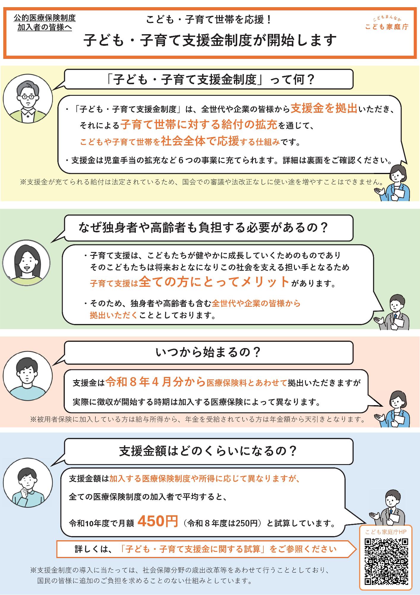 公的医療保険制度加入者の皆様へ。こども・子育て世帯を応援。子ども・子育て支援金制度が開始します。「子ども・子育て支援金制度」って何。「子ども・子育て支援金制度」は、全世代や企業の皆様から支援金を拠出いただき、それによる子育て世帯に対する給付の拡充を通じて、こどもや子育て世帯を社会全体で応援する仕組みです。支援金は児童手当の拡充など6つの事業に充てられます。詳細は裏面をご確認ください。支援金が充てられる給付は法定されているため、国会での審議や法改正なしに使い途を増やすことはできません。なぜ独身者や高齢者も負担する必要があるの。子育て支援は、こどもたちが健やかに成長していくためのものでありそのこどもたちは将来おとなになりこの社会を支える担い手となるため子育て支援は全ての方にとってメリットがあります。そのため、独身者や高齢者も含む全世代や企業の皆様から拠出いただくこととしております。いつから始まるの。支援金は令和8年4月分から医療保険料とあわせて拠出いただきますが実際に徴収が開始する時期は加入する医療保険によって異なります。被用者保険に加入している方は給与所得から、年金を受給されている方は年金額から天引きとなります。支援金額はどのくらいになるの。支援金額は加入する医療保険制度や所得に応じて異なりますが、全ての医療保険制度の加入者で平均すると、令和10年度で月額450円（令和8年度は250円）と試算しています。詳しくは、「子ども・子育て支援金に関する試算」をご参照ください。支援金制度の導入に当たっては、社会保障分野の歳出改革等をあわせて行うこととしており、国民の皆様に追加のご負担を求めることのない仕組みとしています。