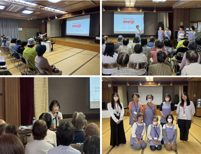 10月3日に開催した、東校区の健康講座の様子です。講師が講演している様子。東校区健康づくり推進委員が自己紹介している様子。講師が講演している様子。校区健康づくり推進委員の集合写真。