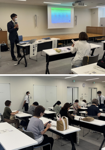 令和7年8月6日（水曜日）に開催した委員向けのうKNOW体験会の様子です。講師が話をしている様子。参加者がスマートフォンを持ってのうKNOWを体験している様子。