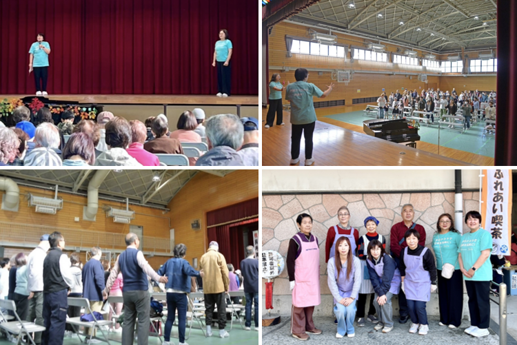 令和7年11月16日（日曜日）に開催した北校区の健康講座の様子です。講師が舞台の上で声磨きの指導をしている様子。舞台の上から講演の様子を撮影した画像。参加者が声磨きの運動をしている様子。健康づくり推進委員と講師の集合写真。