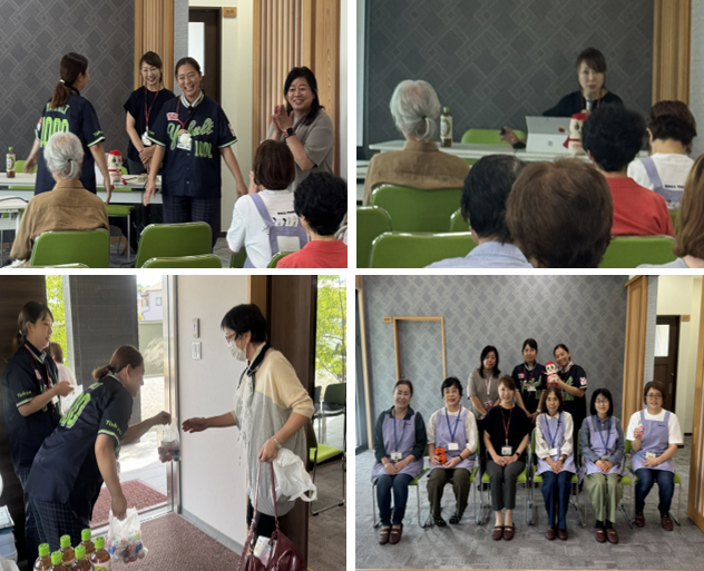 令和7年10月8日に開催した葛城校区の健康講座の様子です。ヤクルトレディーを紹介している様子。講師が講演している様子。参加者にヤクルトを配布している様子。葛城校区健康づくり推進委員と近畿中央ヤクルト販売株式会社の皆さんとの集合写真