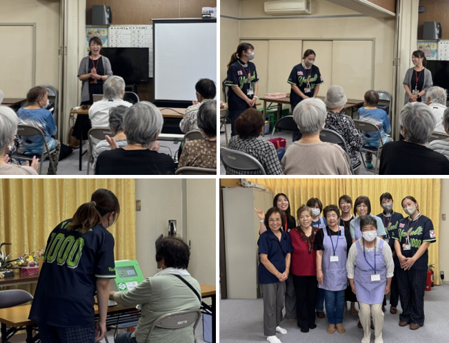 令和7年10月15日に開催した永寿校区健康講座の様子です。講師が講演している様子。ヤクルトレディーを紹介している様子。ベジチェック測定の様子。永寿校区健康づくり推進委員と近畿中央ヤクルト販売株式会社の皆さんとの集合写真。