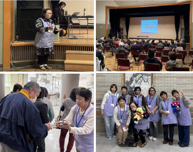 令和7年11月20日に開催した木島・東山校区健康講座の様子を表している画像です。健康づくり推進委員が挨拶をしている様子。参加者が講演を聴いている様子。健康づくり推進委員が参加者にお土産を渡している様子。木島・東山校区健康づくり推進委員の集合写真。