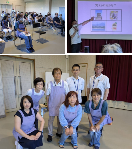 令和7年7月25日に開催した、二色校区の健康講座の様子です。二色校区の参加者が講師の話を聞いている様子。講師が、スクリーンの前に立ち説明している様子。二色交校区健康づくり推進委員の集合写真。