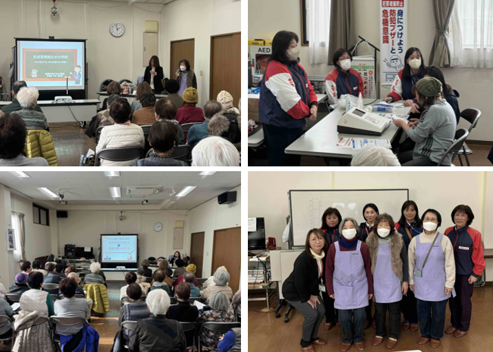 令和8年1月26日に開催した津田校区健康講座の様子を表している画像です。津田校区健康づくり推進委員が挨拶をしている様子。骨ウェーブ測定をしている様子。参加者が講演をきいている様子。津田校区健康づくり推進委員と近畿中央ヤクルト販売株式会社の皆さんとの集合写真。