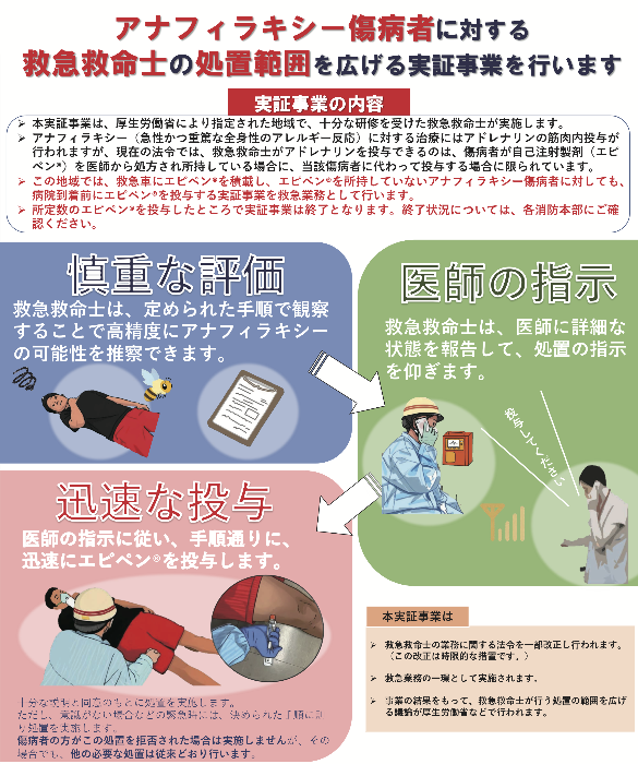 アナフィラキシー傷病者に対する救急救命士の処置範囲を広げる実証事業を行います！  実証事業の内容 本実証事業は、厚生労働省により指定された地域で十分な研修を受けた救急救命士が実施します。  アナフィラキシー（急性かつ重篤な全身性のアレルギー反応）に対する治療にはアドレナリンの筋肉内注射が行われますが現在の法令では救急救命士がアドレナリンを投与できるのは傷病者が自己注射製剤（エピペン®）を医師から処方され、所持している場合に当該傷病者に代わって投与する場合に限られています。  この地域では救急車にエピペン®を積載しエピペン®を所持していないアナフィラキシーの傷病者に対しても病院到着前に投与する実証事業を救急業務として行います。 所定数のエピペン®を投与したところで実証事業は終了となります。  慎重な評価イラストから矢印で医師に指示のイラストに進み、更に矢印で迅速な投与のイラストに進む3コマの注釈入りのイラストが描かれています。 慎重な評価とは救急救命士は定められた手順で観察することで高精度にアナフィラキシーの可能性を推察できます。イラストには倒れた方の上を蜂が飛び、またカルテのような書類も描かれています。 医師の指示では救急救命士は、医師に詳細な状況を報告して、処置の指示を仰ぎます。 イラストには救急隊員がモニターを確認しながら医師に電話をかけ医師は投与してください指示をしているのところが描かれています。 迅速な投与では医師の指示に従い、手順通りに迅速にエピペン®を投与します。 イラストには倒れている方の横で救急隊員がエピペン®を右足の大腿部に投与しているのところが描かれています。 実証事業は救急救命士の業務に関する法令を1部改正し行われます。 の実施に係る救急救命士の処置拡大実証事業を開始します。 この救急救命士の教育体制や医師の指示体制、事後検証体制など、メディカルコントロール体制が十分整備されている全国77の消防本部・局で実施されます。  現在の法令では救急救命士は事前に医師からアナフィラキシーと診断され、自己注射が可能なアドレナリン製剤（エピペン）が処方され、所持している場合に限って救急救命士がそのエピペンを投与することができます。  本実証事業では、救急救命士が救急現場でエピペンを処方されていない傷病者に対して観察カードを用いた重度アナフィラキシーの判断を行い、医師の指示の下、エピペン投与を実施し、その効果や安全性等を検証することを目的としています。