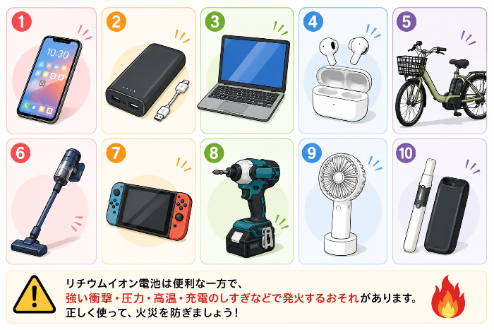 リチウムイオン電池は多種多様な製品に搭載されています。スマートフォン・モバイルバッテリー・ノートパソコン・ワイヤレスイヤホン・電動自転車・コードレス掃除機・ポータブルゲーム機・電動ドライバー・ハンディファンや加熱式たばこ等があります。リチウムイオン電池は便利な一方で、強い衝撃・圧力・高温・充電のしすぎなどで発火するおそれがあります。正しく使って、火災を防ぎましょう。