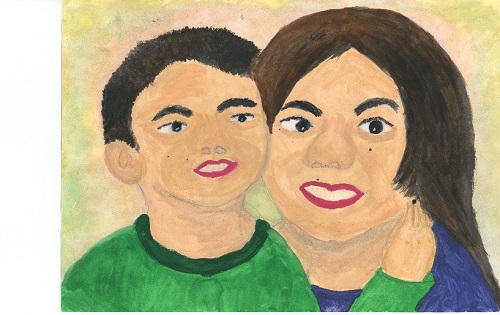 令和3年度かいづか家族の日の絵画部門優秀賞作品です 母親と男の子が笑顔でこちらを向いており 男の子が母親の耳の下あたりにあるほくろを触っている様子を描いた絵です