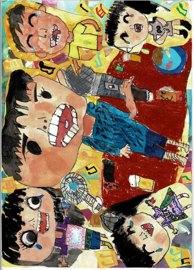 令和4年度かいづか家族の日の絵画部門優秀賞作品です カラオケで歌っている父を 周りで家族が涙を流しながら笑っている様子を描いた絵です