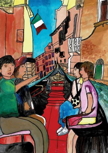 家族4人がイタリアのヴェネツィアの運河でゴンドラに乗っている様子を描いた絵です。