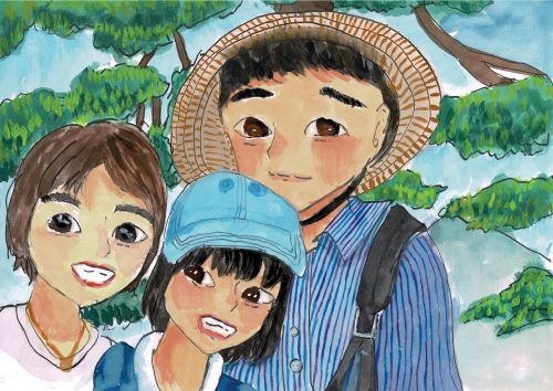 小豆島の寒露渓を背景に家族3人が笑顔でこちらを向いている様子を描いた絵です。