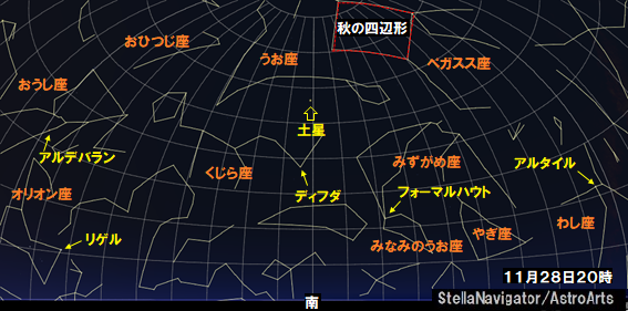 11月28日20時南の空、くじら座のディフダの上に土星が見えています。