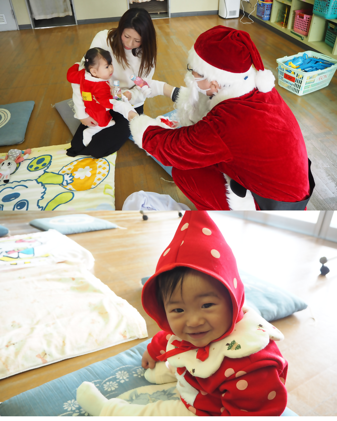 昨年の赤ちゃんルームでクリスマスの仮装をした赤ちゃんの写真