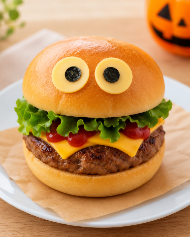 ハンバーガーにモンスターの顔のようなデコレーションをした写真
