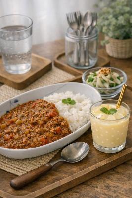 おしゃれに盛り付けられたキーマカレーとサラダとマンゴーラッシュ
