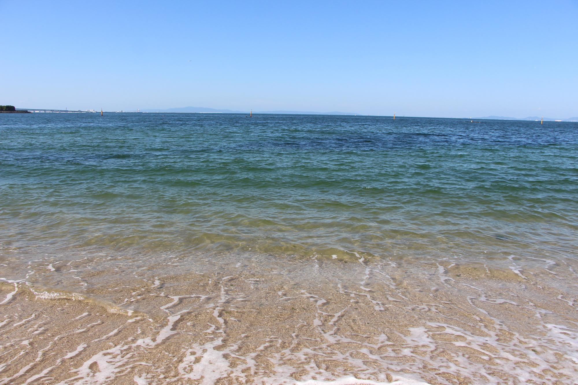 二色の浜海水浴場の砂浜の海岸線を写した写真
