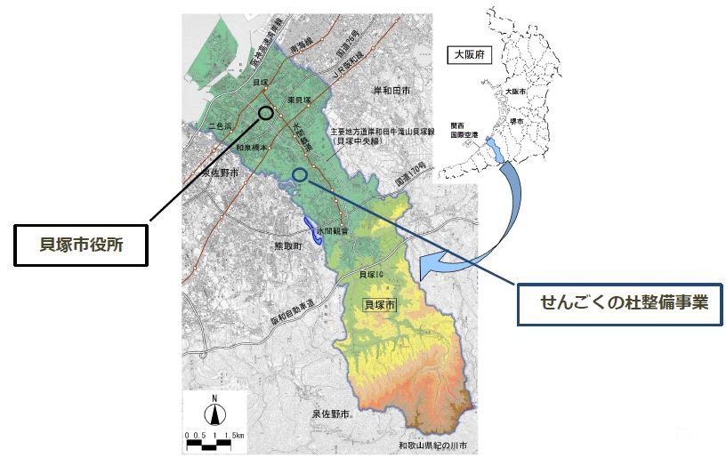 貝塚市におけるせんごくの杜の位置図