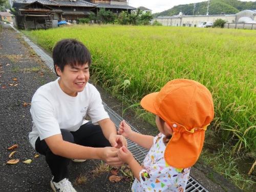 オレンジ色の帽子をかぶった園児がねこじゃらしを保育教諭に差し出している様子です。