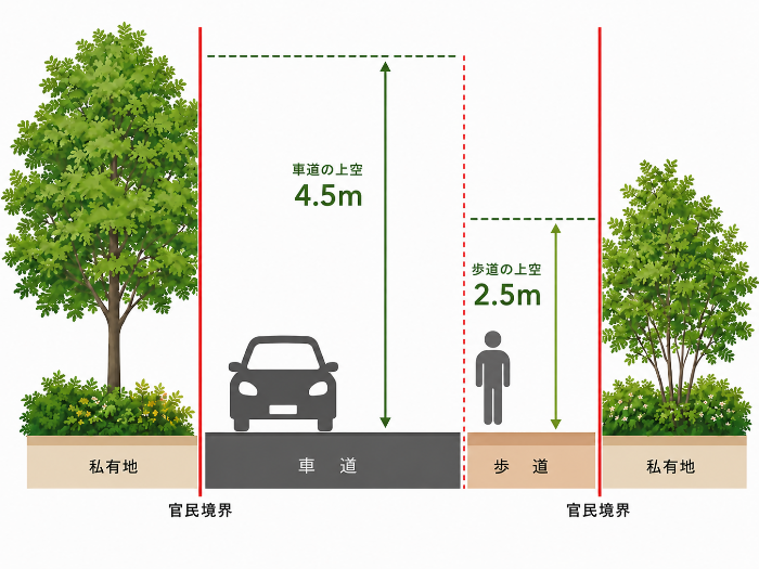 道路に面する民有地の樹木等について、車道上では4.5メートル、歩道上では2.5メートル程度の建築限界（空間）を確保する旨説明する画像です。